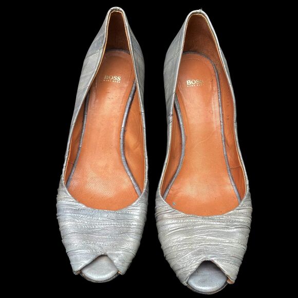 Hugo Boss Heels Italy Sz 38 EU/7.5 US Gray Reptile Leather Peep Toe Pump Shoes - Picture 4 of 13